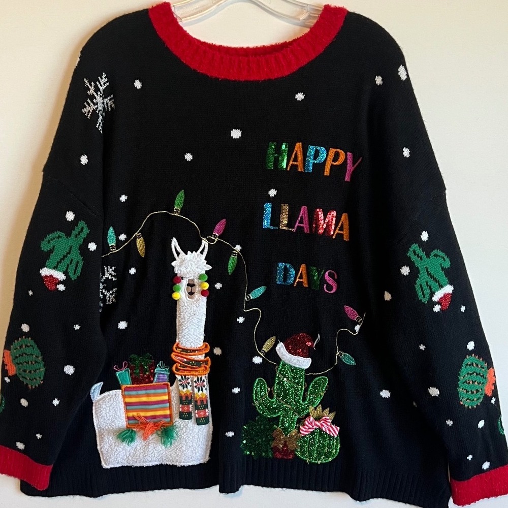 Happy Llama Days Christmas Sweater Black Sequin Cactus Plus 2X